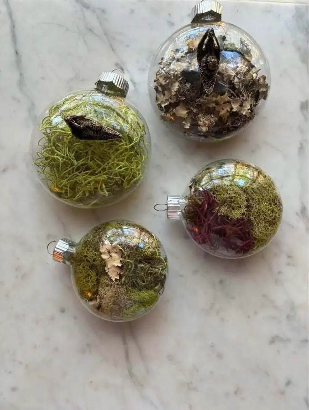 Cottagecore moss & (one )snail ornament set of 4